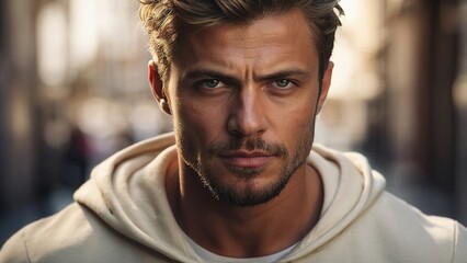 Fototapeta premium Close-up of a serious man with stubble and intense eyes in a softly lit room during the evening