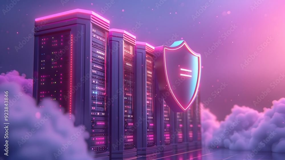 Poster futuristic data server with neon lights and a cybersecurity shield, surrounded by clouds, representi