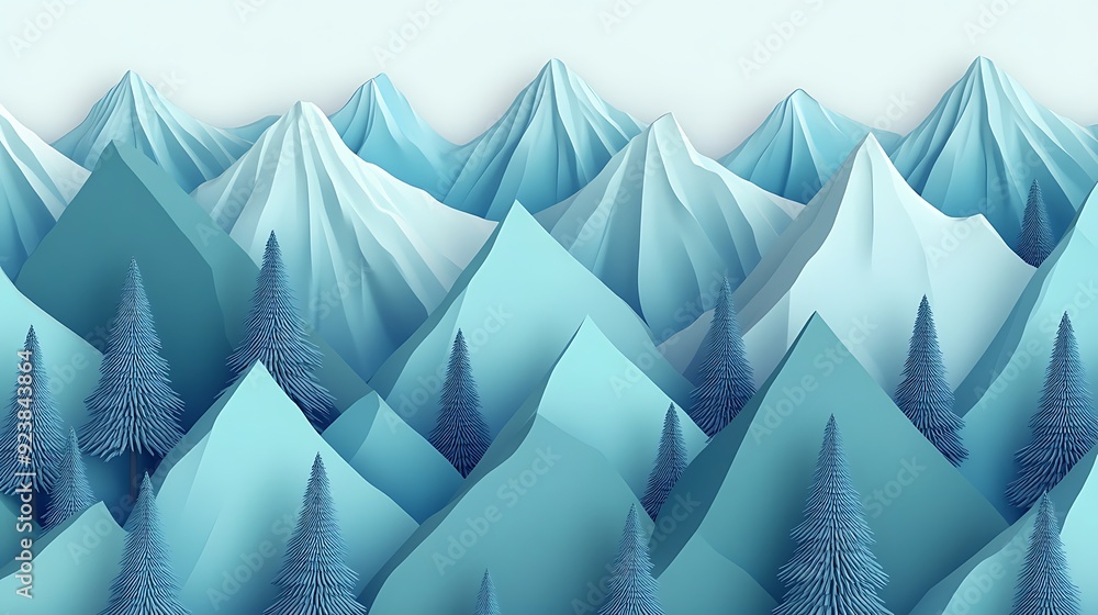 Poster serene mountain peaks and pine trees seamless pattern - 3d vector in 2d design style for nature back