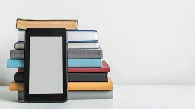 Modern e book next to stack of books on white background Focus on training and technology
