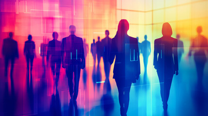 Silhouettes of business people in motion on colourful background.