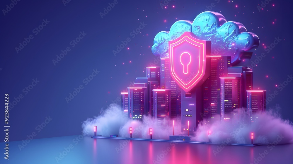 Poster futuristic digital security concept with neon lights, cloud computing, and data protection symbols. 