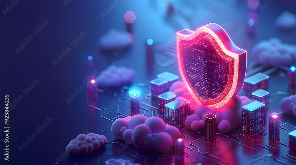Poster futuristic digital shield protecting cloud data infrastructure symbolizing cybersecurity technology 