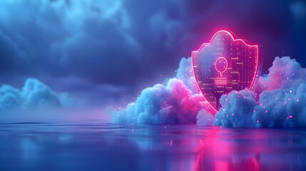 Futuristic digital shield with neon pink and blue lights emerging from clouds, symbolizing cybersecurity in a dreamy, sci-fi setting.