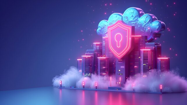 Futuristic digital security concept with neon lights, cloud computing, and data protection symbols. 3D rendering.
