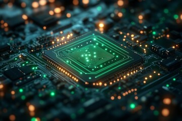 Fototapeta premium Symbolic Close-up of a Computer Circuit Board Representing the Principles of Green Computing and Environmental Sustainability.