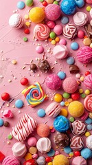 Top view of various colorful sweets on light pink background. birthday or holiday. space for text
