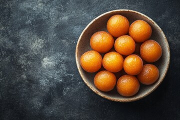 A bowl of orange, syrupy sweets placed against a dark, textured background, highlighting the vibrant colors and rich texture.