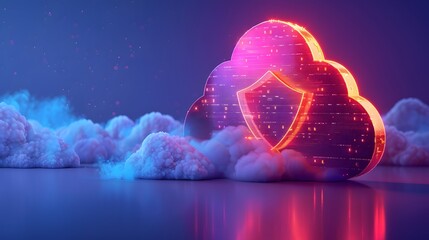 Glowing cloud with a digital shield symbolizing cloud security and data protection in a futuristic, technology-themed setting.