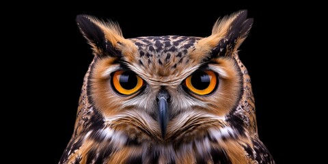 Obraz premium Photo of an eagle owl isolated against a black background, emphasising the eagle owl's majestic features. Wildlife and conservation concept, space for copy.