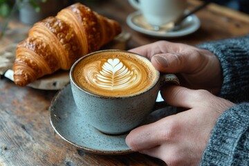 A cozy coffee moment with a latte in a rustic ceramic cup and a croissant, evoking warmth and comfort in an inviting setting.