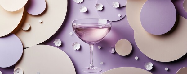 Elegant champagne glass with abstract purple and beige paper cutout circles and flowers