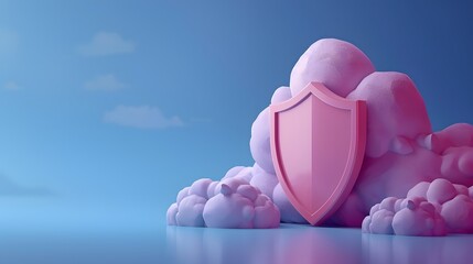 Pink shield floating among soft clouds, representing security and protection concept in a fantasy dreamlike setting.