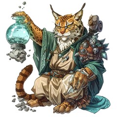 Fototapeta premium Bobcat Alchemist Occupation fantasy animal cartoon isolated whitebackground