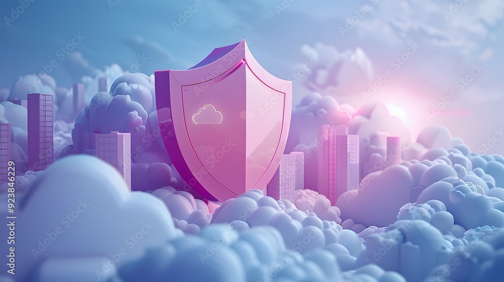 Poster shield on cloud background symbolizing cybersecurity and data protection in a digital cloud computin