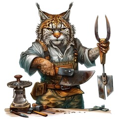 Fototapeta premium Bobcat Blacksmith Occupation fantasy animal cartoon isolated whitebackground