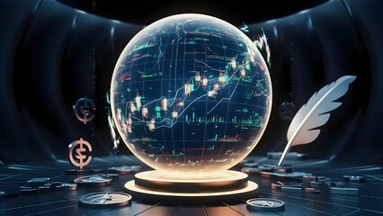 Computerized Forex Exchanging Graph on Globe with Dim Foundation. 3D Rendering