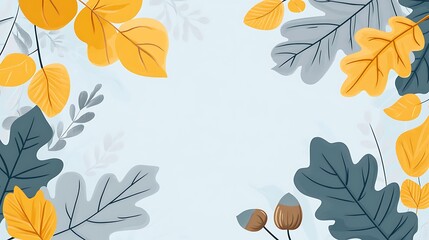 Playful Yellow and Gray Leaves with Acorns on Light Blue Background - Cartoon Cute Style Illustration with Simple Lines and Bright Colors