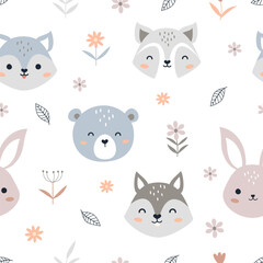 Seamless pattern with cute animals and flowers. Woodland animal heads cartoon background for baby textile, wrapping paper, wallpaper, fabric and more. Vector illustration