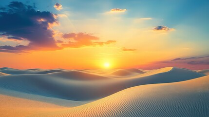 Nature landscape with a vast desert showcasing rolling dunes and a brilliant sunset,