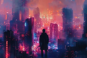 Fototapeta premium A lone figure standing on a rooftop overlooking a futuristic cityscape at night