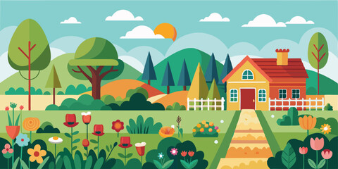 Horizontal spring landscape with fence, tulips, roses, blooming trees and bushes, hills, birds and house. Rural illustration with summer garden in cartoon flat style for banners, backgrounds, advertis