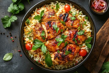 Fototapeta premium A beautifully presented chicken biryani, topped with roasted chicken drumsticks, vibrant cherry tomatoes, and fresh cilantro, served with lemon wedges on the side.