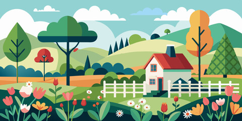 Horizontal spring landscape with fence, tulips, roses, blooming trees and bushes, hills, birds and house. Rural illustration with summer garden in cartoon flat style for banners, backgrounds, advertis