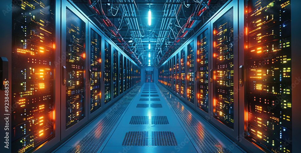 Poster a network server room filled with rows of servers and intricate cable management glowing in dim ligh
