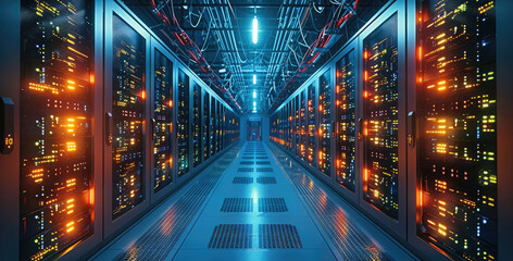 Obraz premium A network server room filled with rows of servers and intricate cable management glowing in dim light. Generative AI.