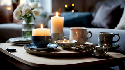 A Moment of Calm: The Simple Joys of a Cozy Living Room Still Life, Complete with Tea, Candles, and a Quiet Space for Reading and Napping in the Comfort of Your Home