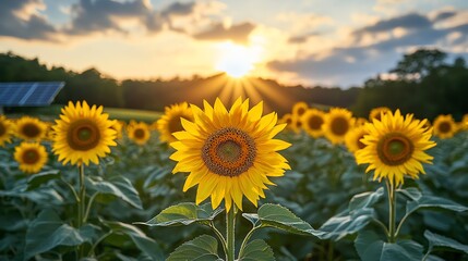 Fototapeta premium Golden sunflowers basking in the sunlight, creating a picturesque scene of nature's beauty at sunset.