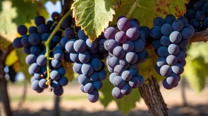 Branch of blue wine grapes, blurred backdrop 