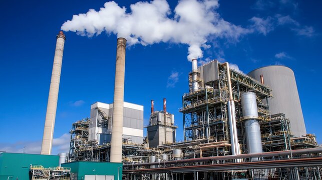Industrial power plant with smoke stacks emitting steam against a clear blue sky, showcasing energy production and infrastructure.
