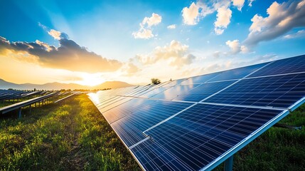 Sunset over solar panels in a green field, showcasing renewable energy and technology in a vibrant landscape.