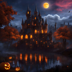 Fototapeta premium Fantasy Halloween Castle within a Giant Jack O' Lantern