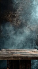 Wooden table with dark smoke background