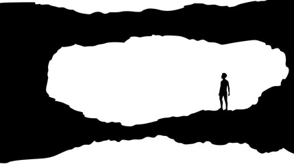 Obraz premium Exploring the Unknown - Silhouette of Person at Cave Entrance, Vector Illustration with High Contrast Black and White, Simple Design
