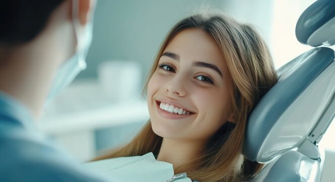General Dentistry. Bodacious Woman in Dental Chair Smiling Happy with Dental Care