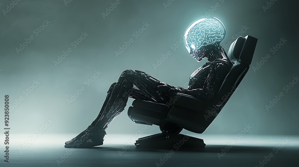 Poster futuristic cyborg with translucent head on high-tech recliner, illuminated artificial brain - concep