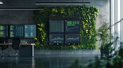 A room with a green wall and a large monitor with a green background