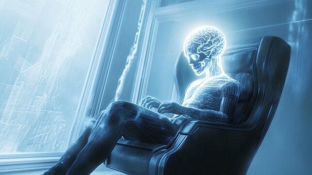 Luminescent Extraterrestrial Mind: Alien with Semi-Transparent Skull on Futuristic Armchair Emitting Brilliant Brain Glow, Concept Art