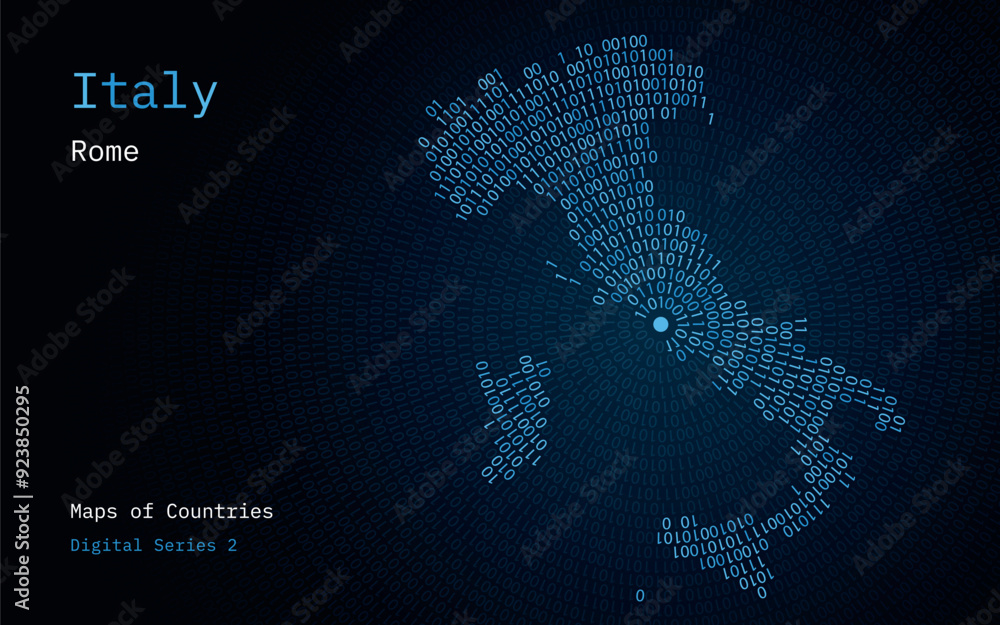 Wall mural a map of italy depicted in zeros and ones in the form of a circle. the capital, rome, is shown in th