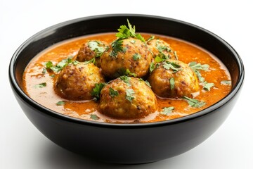 Fototapeta premium A black bowl of creamy malai kofta in rich tomato gravy, garnished with fresh cilantro, showcasing the essence of Indian vegetarian cuisine.