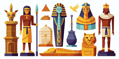 Egypt stone statue set, vector ancient rock ruin, pharaoh clay figurine, Egyptian gods silhouette, Osiris. Old civilization archaeology monument, temple object on white. Egypt tomb statue collection 