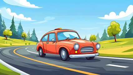 Cartoon car driving on a road
