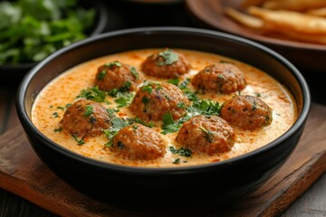 A bowl of kofta balls in a yogurt-based sauce, garnished with cilantro, served in a traditional Indian style.