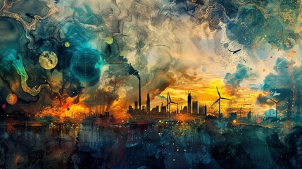 Obraz premium A vibrant depiction of an industrial skyline blended with elements of nature, showcasing the contrast of pollution and renewable energy.