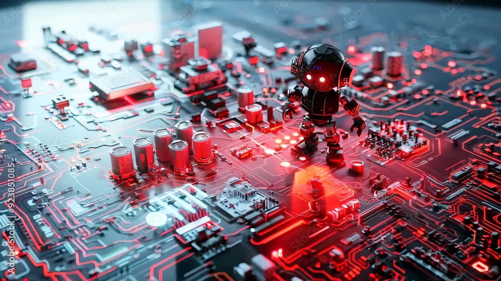 Poster small robot exploring futuristic circuit board with glowing lights