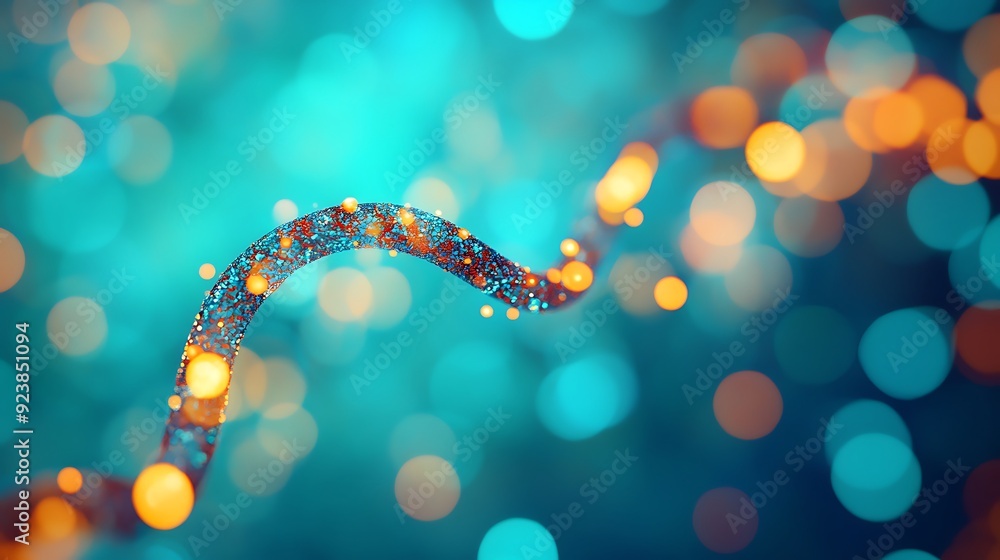 Poster glowing iridescent rna strand close up on teal background with bokeh - macro photography with high d